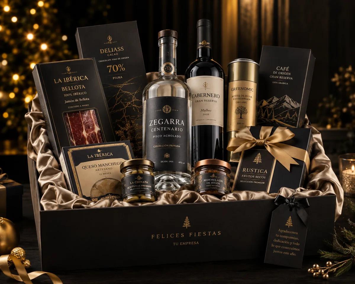 Canasta navideña premium corporativa con pisco, vino, jamón ibérico, quesos y chocolates, presentada en caja negra con tarjeta de felicitación