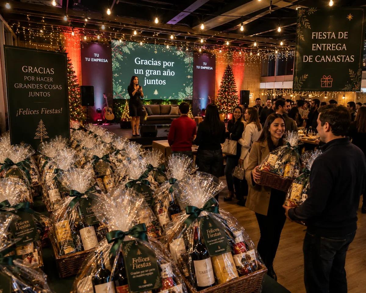 Fiesta de entrega de canastas navideñas en una empresa: colaboradores recogiendo sus canastas ante un escenario decorado