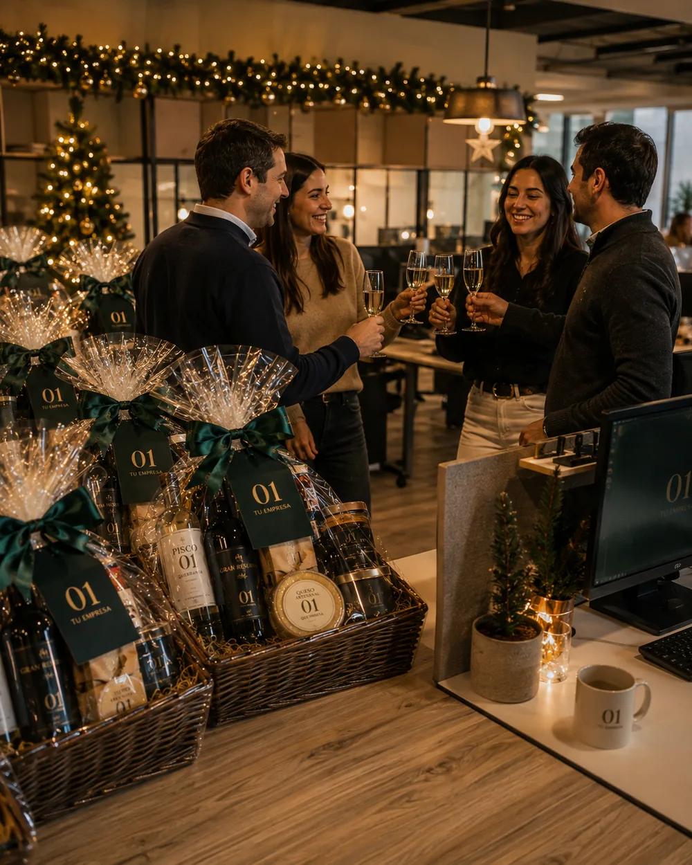 Colaboradores brindando con espumante en la oficina decorada, junto a las canastas navideñas de la empresa