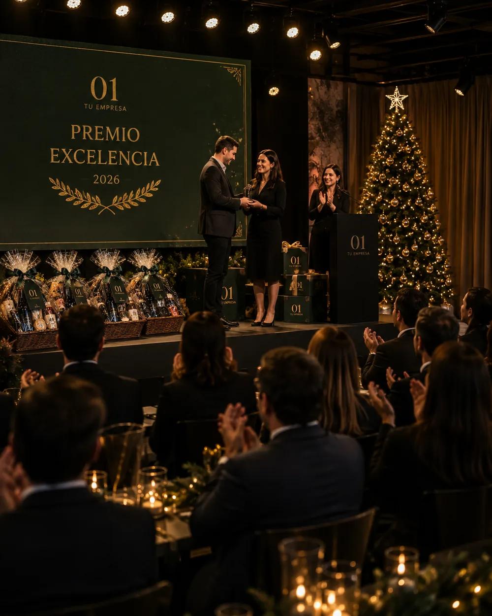 Entrega de un premio sobre el escenario en la fiesta de fin de año, con el público aplaudiendo y las canastas al costado