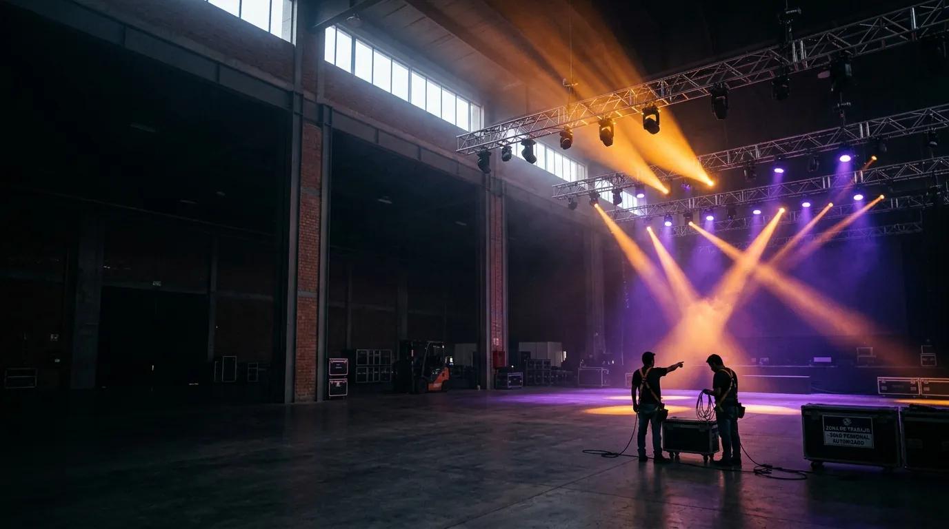 Equipo de producción montando el escenario de un evento
